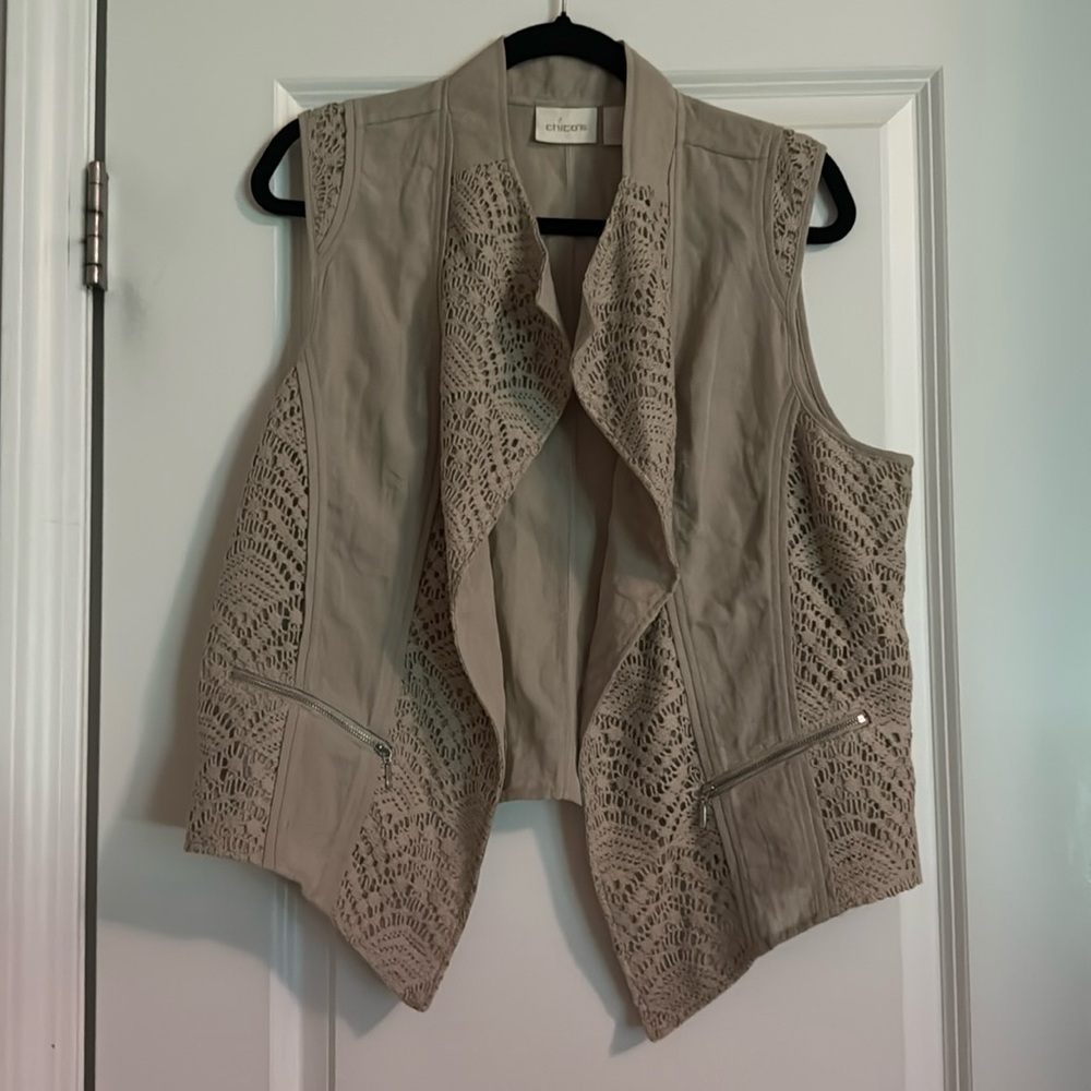 Chico’s, Brown Rayon Cardigan Sweater, Open Front, Lace, linen weave khaki vest
